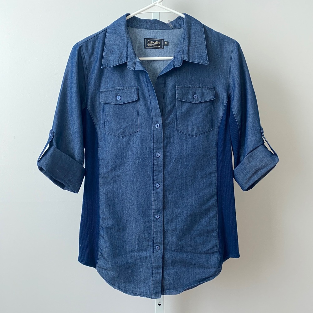 Cavalini Cotton Denim Clean Academia Western Ribbed Side Button Shirt S Blue